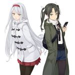  alternate_costume arms_behind_back artist_name black_legwear casual cellphone coat dated duffel_coat fashion green_eyes green_hair hair_ribbon hairband hand_in_pocket kantai_collection leaning_forward legwear_under_shorts long_hair looking_at_viewer multiple_girls pantyhose phone pleated_skirt ribbon rokuwata_tomoe shorts shoukaku_(kantai_collection) signature silver_hair simple_background skirt smartphone standing toggles trench_coat turtleneck twintails twitter_username white_background winter_clothes winter_coat yellow_eyes zuikaku_(kantai_collection) 