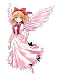  alphes_(style) black_vest blonde_hair bow bowtie closed_mouth dairi eyebrows eyebrows_visible_through_hair feathered_wings feathers full_body gengetsu hair_bow highres long_skirt long_sleeves open_clothes open_vest parody puffy_long_sleeves puffy_sleeves red_bow red_neckwear shirt short_hair skirt skirt_set smile socks solo style_parody touhou touhou_(pc-98) transparent_background vest white_legwear white_shirt white_skirt white_wings wings yellow_eyes 