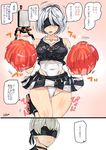  1girl 2koma adapted_costume ashiomi_masato black_blindfold black_skirt blindfold blush breasts cheering cheerleader choker comic commentary covered_eyes covered_navel drone expressionless jumping leotard leotard_under_clothes medium_breasts nier_(series) nier_automata pod_(nier_automata) pom_pom_(clothes) skirt sweatdrop thigh_gap translated white_leotard yorha_no._2_type_b yorha_no._9_type_s 