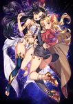  :d armlet ass ass_visible_through_thighs bangs barefoot black_hair black_legwear blonde_hair bow breasts bridal_gauntlets cloak commentary_request earrings elbow_gloves ereshkigal_(fate/grand_order) eyebrows_visible_through_hair fate/grand_order fate_(series) gloves hair_bow hair_ornament high_heels highres hood hooded_cloak hoop_earrings ishtar_(fate/grand_order) jewelry large_breasts leotard long_hair long_legs looking_back multiple_girls navel navy_blue_legwear open_mouth parted_bangs parted_lips red_eyes shirokuma_a single_elbow_glove single_thighhigh small_breasts smile stirrup_legwear thighhighs toeless_legwear two_side_up 