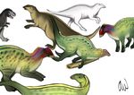  2_fingers 3_toes bill claws colorful dinosaur feathers hadrosaur hi_res long_tail panic roaring running scared teeth theropod toes tripping tyrannosaur_(species) tyrannosaurus_rex 