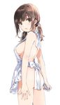  apron ass bangs blush breasts brown_eyes brown_hair large_breasts lips long_hair looking_back low_twintails medium_breasts nakayama_miyuki naked_apron original simple_background smile solo twintails white_background 
