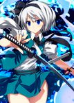  bangs belt belt_buckle black_hairband black_neckwear black_ribbon blue_fire blue_skirt blue_vest buckle collared_shirt colored_eyelashes eyebrows_visible_through_hair fire ghost hair_ribbon hairband highres hitodama holding holding_sword holding_weapon katana konpaku_youmu konpaku_youmu_(ghost) looking_at_viewer necktie open_clothes open_vest petals puffy_short_sleeves puffy_sleeves ribbon sazanami_mio shirt short_hair short_sleeves silver_hair skirt solo standing sword thighs touhou vest weapon white_shirt wing_collar 