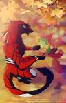  2017 3_toes 4_fingers ambiguous_gender anthro autumn black_fur black_hair blue_eyes blurred_background crouching digitigrade ears_back fur gloves_(marking) hair holding_object leaves looking_aside looking_back markings multicolored_fur neck_tuft red_fur red_hair sergal side_view sidgi smile socks_(marking) solo toes tree tuft white_fur 