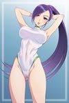  alternate_costume arms_behind_head ass_visible_through_thighs bangs blue_background blush breasts cameltoe competition_swimsuit covered_navel covered_nipples dragon_quest dragon_quest_xi highleg highleg_swimsuit kuroda_akimi large_breasts lips long_hair martina_(dq11) one-piece_swimsuit open_mouth ponytail purple_eyes purple_hair shiny shiny_hair solo swept_bangs swimsuit very_long_hair white_swimsuit 