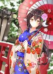  azur_lane blush brown_eyes brown_hair flower hair_flower hair_ornament japanese_clothes kimono long_hair mikasa_(azur_lane) oriental_umbrella ougi_(ihayasaka) smile snowflakes solo umbrella 