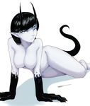  arm_support artist_name barefoot black_eyes black_hair breasts demon_girl demon_tail highres horns large_breasts looking_at_viewer monster_girl nude olga_(otonaru) original otonaru parted_lips pointy_ears short_hair slit_pupils solo tail white_skin 