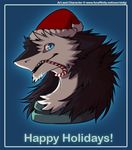  2016 ambiguous_gender anthro black_fur black_hair blue_eyes candy candy_cane christmas english_text food fur hair hat headshot_portrait holidays looking_aside multicolored_fur portrait santa_hat scarf sergal sidgi simple_background solo text two_tone_fur white_fur 