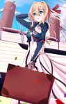  absurdres blonde_hair blue_eyes blue_sky bow braid hair_ornament hair_ribbon highres mechanical_arms red_hair red_ribbon ribbon ship short_hair sky solo tied_hair violet_evergarden violet_evergarden_(character) watercraft yumeno_s 