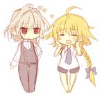  1boy 1girl ahoge bangs black_footwear black_pants blonde_hair blush braid couple drooling eyebrows_visible_through_hair eyes_closed fate/apocrypha fate_(series) hair_ornament hair_ribbon hands_on_own_face heart highres jeanne_d&#039;arc_(fate) jeanne_d&#039;arc_(fate)_(all) kiminitokimeki long_braid long_hair long_pants long_sleeves necktie no_shoes pants purple_eyes purple_neckwear purple_ribbon red_eyes ribbon ruler_(fate/apocrypha) shirt shoes short_hair short_shorts shorts sieg_(fate/apocrypha) silver_hair single_braid sleeveless sleeveless_shirt very_long_hair waistcoat white_shirt 