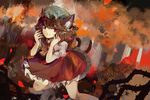  animal_ears bow bowtie brown_hair cat_ears cat_tail chen dress elise_(piclic) fingernails flower frilled_dress frills green_hat hands_up hat jewelry looking_at_viewer mob_cap multiple_tails nekomata petals red_dress red_eyes rope rose shimenawa shirt short_hair single_earring smile solo tail touhou tree two_tails yellow_neckwear 