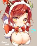  bangs bell blush bow breasts brown_background capelet closed_mouth dragon_horns eyebrows_visible_through_hair flying_sweatdrops fur-trimmed_capelet fur_trim gremory_(p&amp;d) horns large_breasts long_hair looking_at_viewer marshmallow_mille pointy_ears puzzle_&amp;_dragons red_bow red_capelet red_hair simple_background solo twitter_username yellow_eyes 