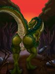  anus butt cave claws dinosaur fangs female feral green_eyes hi_res lokidragon87 pussy raised_tail rock scalie sky solo toe_claws 