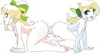  2girls anal ass ass-to-ass blonde_hair blue_eyes blush capcom character_request curly_brace dildo feet multiple_girls nude ribbon rockman roll_caskett rtil sex sketch small_breasts yuri 