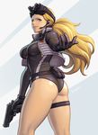  alternate_costume ass beckoning belt_pouch blonde_hair blue_eyes breasts goggles goggles_on_head gun handgun headset holster kolin leotard lips long_hair looking_at_viewer low_ponytail medium_breasts night_vision_device noppo_(tarstation) nose pistol pouch skin_tight solo street_fighter street_fighter_v thigh_holster thighs trigger_discipline vest weapon 