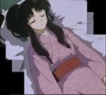  arms_on_sides corpse dark_hair death eyes_closed kimono laid_out mat pillow ribbon screencap stitched_together 