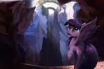  2015 :d adventure arch cave cloud crepuscular_rays cute cutie_mark detailed_background equine excited eyelashes feathered_wings feathers female friendship_is_magic full-length_portrait hair happy hi_res horn lavender_fur looking_back mammal multicolored_hair my_little_pony noctilucent-arts open_mouth open_smile outside portrait purple_eyes ruins sky smile solo sunlight twilight_sparkle_(mlp) winged_unicorn wings 