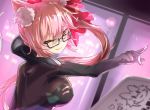  animal_ear_fluff animal_ears bangs black_bodysuit bodysuit bow breasts card closed_mouth commentary_request eyebrows_visible_through_hair fate/grand_order fate_(series) fox_ears fox_tail glasses hair_between_eyes hair_bow hellnyaa highres large_breasts long_hair looking_at_viewer one_eye_closed phantom_thief pink_bow pink_hair sidelocks smile solo tail tamamo_(assassin)_(fate) tamamo_(fate)_(all) very_long_hair yellow_eyes 