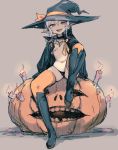  :d bad_id bad_tumblr_id bee_(deadflow) black_bow black_cape black_choker black_footwear black_panties boots bow cameltoe cape choker earrings fangs grey_background hat hat_bow head_tilt jack-o'-lantern jewelry knee_up kuryuu_kohaku lantern looking_at_viewer navel open_mouth orange_eyes orange_legwear original panties pointy_ears simple_background sitting smile solo thighhighs topless underwear witch_hat 