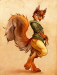  5_fingers anthro barefoot blue_eyes blue_hair brown_fur brown_hair clothed clothing digitigrade fur hair male mammal rodent smile solo squirrel tasanko traditional_media_(artwork) watercolor_(artwork) 