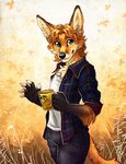  5_fingers anthro black_nose blue_eyes canine fox fur hair holding_object male mammal orange_fur orange_hair smile solo tasanko 