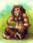  anthro barefoot black_nose brown_hair clothed clothing feline green_eyes hair lion looking_at_viewer male mammal sitting smile solo tasanko topless 