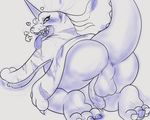  anus balls butt claws digimon erection exwolf85 fur gabumon looking_at_viewer male monochrome open_mouth penis presenting presenting_hindquarters scalie simple_background sketch slightly_chubby smile solo teeth white_fur 