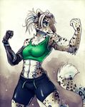  5_fingers abs anthro blue_eyes clothed clothing feline female hair leopard mammal navel prosthetic solo standing tasanko white_hair 