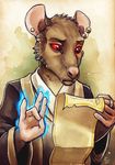 anthro brown_fur clothed clothing ear_piercing fur holding_object male mammal piercing rat red_eyes rodent solo tasanko traditional_media_(artwork) watercolor_(artwork) 