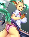  2018 anthro anthrofied big_breasts big_butt breasts butt clothed clothing digital_media_(artwork) duo eeveelution female hi_res leafeon looking_at_viewer looking_back mleonheart nintendo panties pok&eacute;mon pok&eacute;mon_(species) pok&eacute;morph school_uniform solo_focus thick_thighs underwear uniform video_games 
