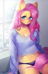  2018 anthro anthrofied blue_eyes blush breasts clothed clothing digital_media_(artwork) equine female fluttershy_(mlp) friendship_is_magic fur hair inside long_hair looking_at_viewer mammal my_little_pony navel pink_hair shirt solo tawni_tailwind underwear window yellow_fur 