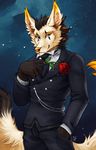  anthro black_hair blue_eyes canine clothed clothing fox hair looking_at_viewer male mammal orange_nose smile solo tasanko 