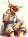  5_fingers anthro bovine brown_fur brown_hair cattle clothed clothing fur hair horn male mammal simple_background solo tasanko traditional_media_(artwork) watercolor_(artwork) white_background 