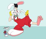  3_toes 4_fingers anthro big_feet blue_background bow_tie clothed clothing digital_drawing_(artwork) digital_media_(artwork) disney footwear fur gloves hair human jewelry lagomorph long_ears male mammal necklace overalls rabbit red_nose roger_rabbit shirt shoes simple_background solo swatcher teeth toes toony transformation whiskers white_clothing white_fur white_shirt white_topwear who_framed_roger_rabbit 