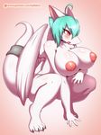  2017 4_toes 5_fingers antenna_hair anthro areola big_areola big_breasts big_nipples blush breasts crouching digitigrade dragon female green_hair hair huge_breasts hybrid nipples nude pink_nipples ranshin red_eyes shiny simple_background solo tailzkim toes tongue tongue_out white_skin wings 