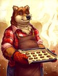  anthro bear black_nose brown_fur cookie eyes_closed food fur male mammal overweight overweight_male smile solo standing tasanko 