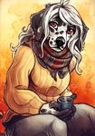  5_fingers anthro beverage canine coffee dalmatian dog female hair holding_object mammal red_eyes smile solo tasanko white_hair 