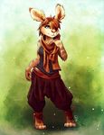  anthro brown_fur brown_hair clothed clothing female fur hair lagomorph mammal rabbit simple_background smile solo tan_fur tasanko 