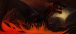  allagar ambiguous_gender back_spikes black_scales canyon claws crouching detailed_background dragon feral fire fire_breathing fire_dragon hi_res horn lava lava_skin lava_waterfall looking_back membranous_wings outside scales scalie solo spread_wings standing western_dragon wing_claws wings 