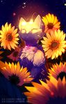  2016 aisha_(neopets) ambiguous_gender antennae cat clockbirds collar constellation detailed_background eyes_closed feline feral fur glowing_antenna mammal neopets night outside portrait sitting solo sunflowers white_fur 