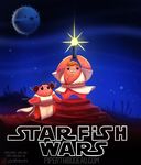  2017 ambiguous_gender anthro black_eyes bottomless brown_hair clothed clothing cryptid-creations death_star duo english_text female fish gastropod gun hair handgun leia_organa lightsaber luke_skywalker male marine pistol pufferfish ranged_weapon snail star_wars starfish text underwater water weapon 