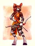  anthro arrow bow breasts brown_hair clothed clothing female hair holding_object holding_weapon hooves mammal okapi simple_background solo tasanko weapon 