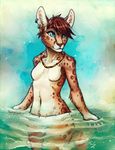 anthro breasts brown_fur brown_hair convenient_censorship ear_piercing featureless_breasts feline female fur hair mammal nude partially_submerged piercing serval solo spots spotted_fur tasanko traditional_media_(artwork) watercolor_(artwork) 