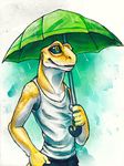  5_fingers anthro gecko lizard male reptile scales scalie smile solo tasanko traditional_media_(artwork) watercolor_(artwork) yellow_eyes yellow_scales 