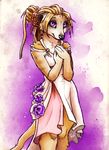  5_fingers anthro blonde_hair clothed clothing dress female hair herpestid looking_at_viewer mammal meerkat mongoose purple_eyes smile solo tasanko 