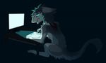  2018 4_fingers 4_toes anthro blue_eyes computer cub desk drawing ears_back female fur grey_fur grey_hair hair holding_object looking_back multicolored_fur multicolored_hair nervous night red_hair sergal sidgi simple_background sina_(sidgi) sitting solo toes two_tone_fur two_tone_hair white_fur young 