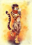  anthro barefoot black_hair cheetah clothed clothing eyes_closed feline hair holding_object male mammal scarf smile solo tasanko topless traditional_media_(artwork) watercolor_(artwork) 