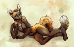  anthro breasts canine featureless_breasts female fox fur green_eyes grey_fur lying mammal on_side solo tasanko 