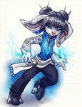  4_fingers asura black_hair blue_eyes clothed clothing female flat_chested guild_wars hair humanoid pink_nose simple_background solo tasanko video_games 