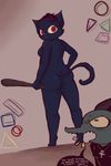  ankh baseball_bat bea_(nitw) blue_fur breasts butt cat crocodile crocodilian dialogue duo feline female fur hair hand_on_hip hi_res mae_(nitw) mammal night_in_the_woods nude realistic_anatomy red_eyes red_hair reptile salamikii scalie shapes simple_background video_games 